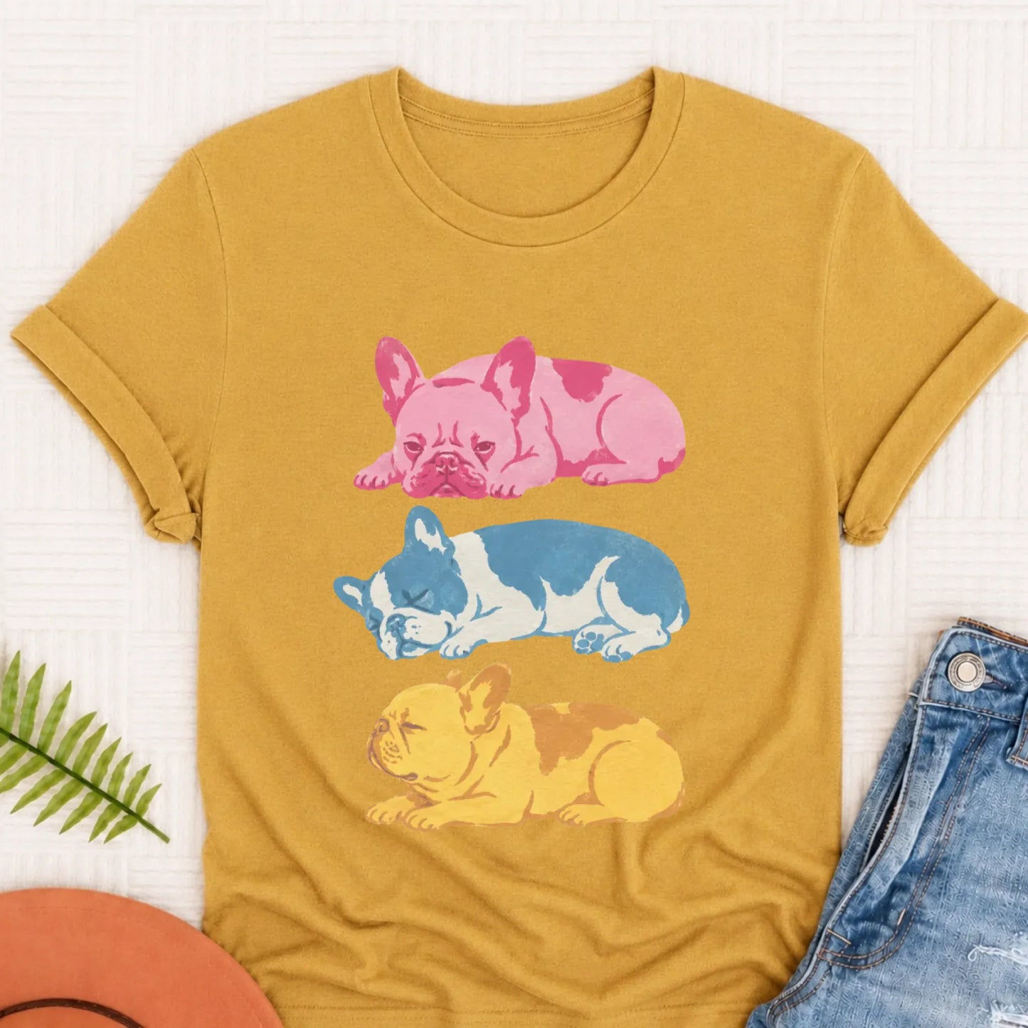 French Bulldog Retro Risoprint Style Unisex TShirt Mustard