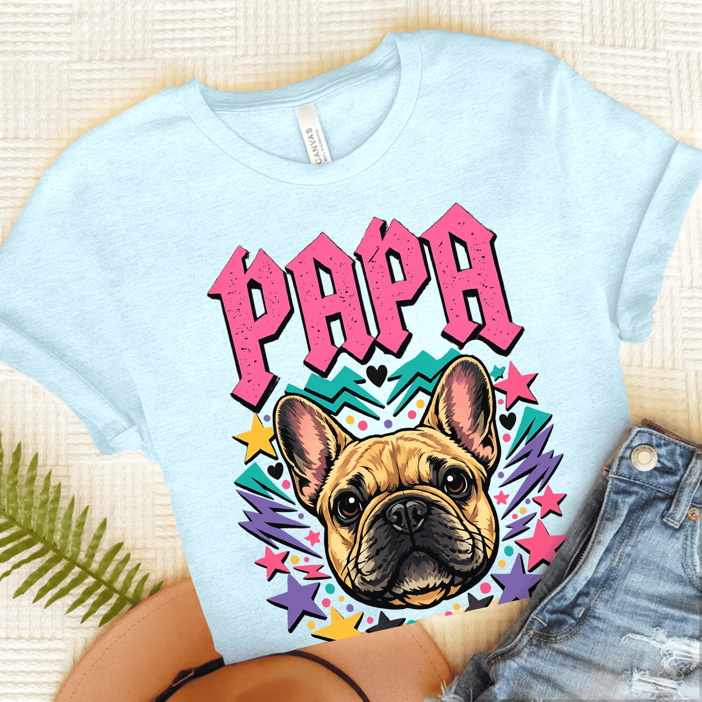 French Bulldog Rocker Papa Unisex TShirt Heather Ice Blue