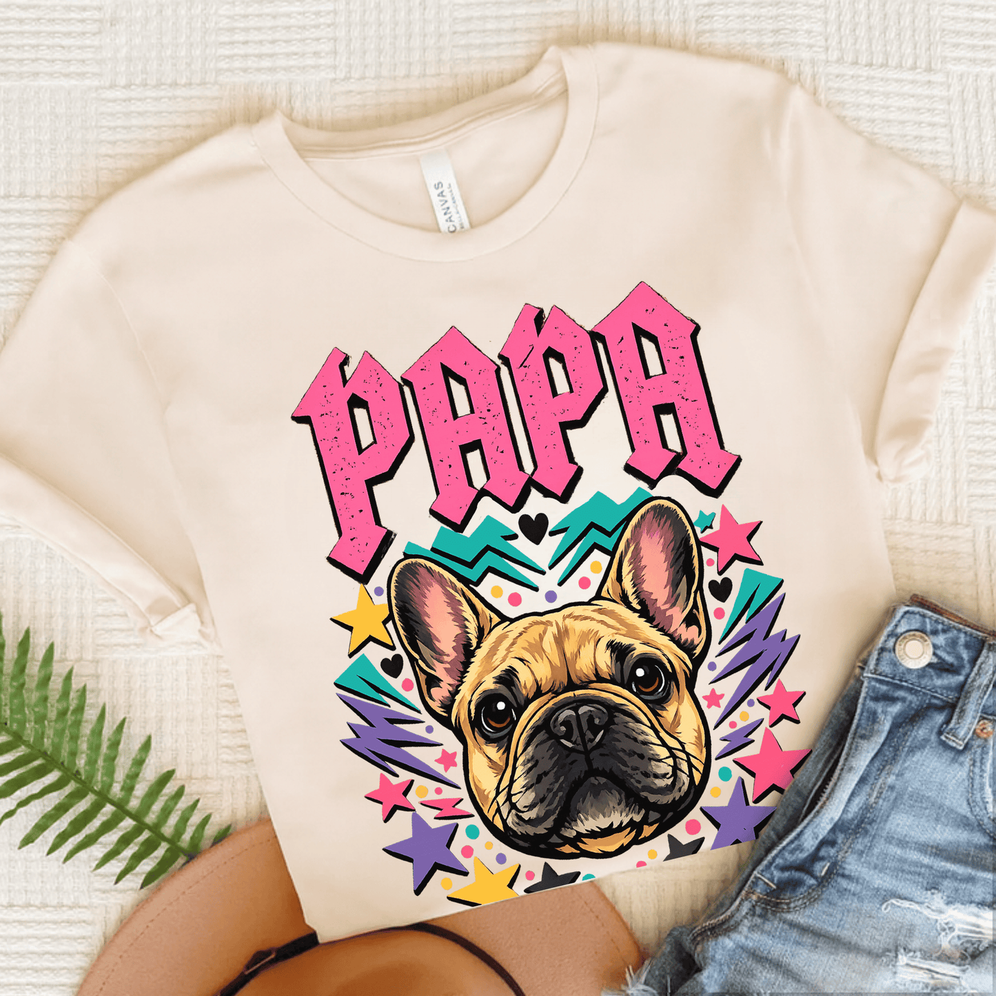 French Bulldog Rocker Papa Unisex TShirt Natural