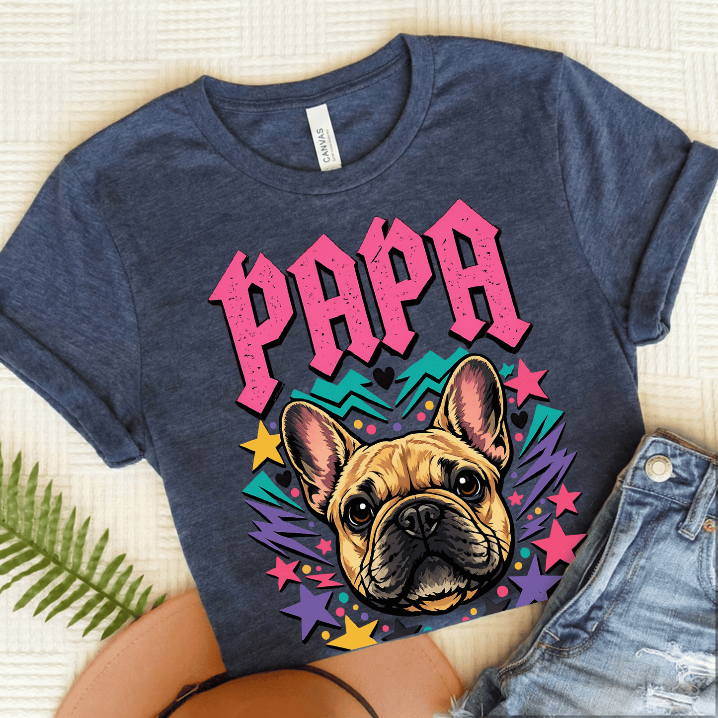French Bulldog Rocker Papa Unisex TShirt Heather Navy
