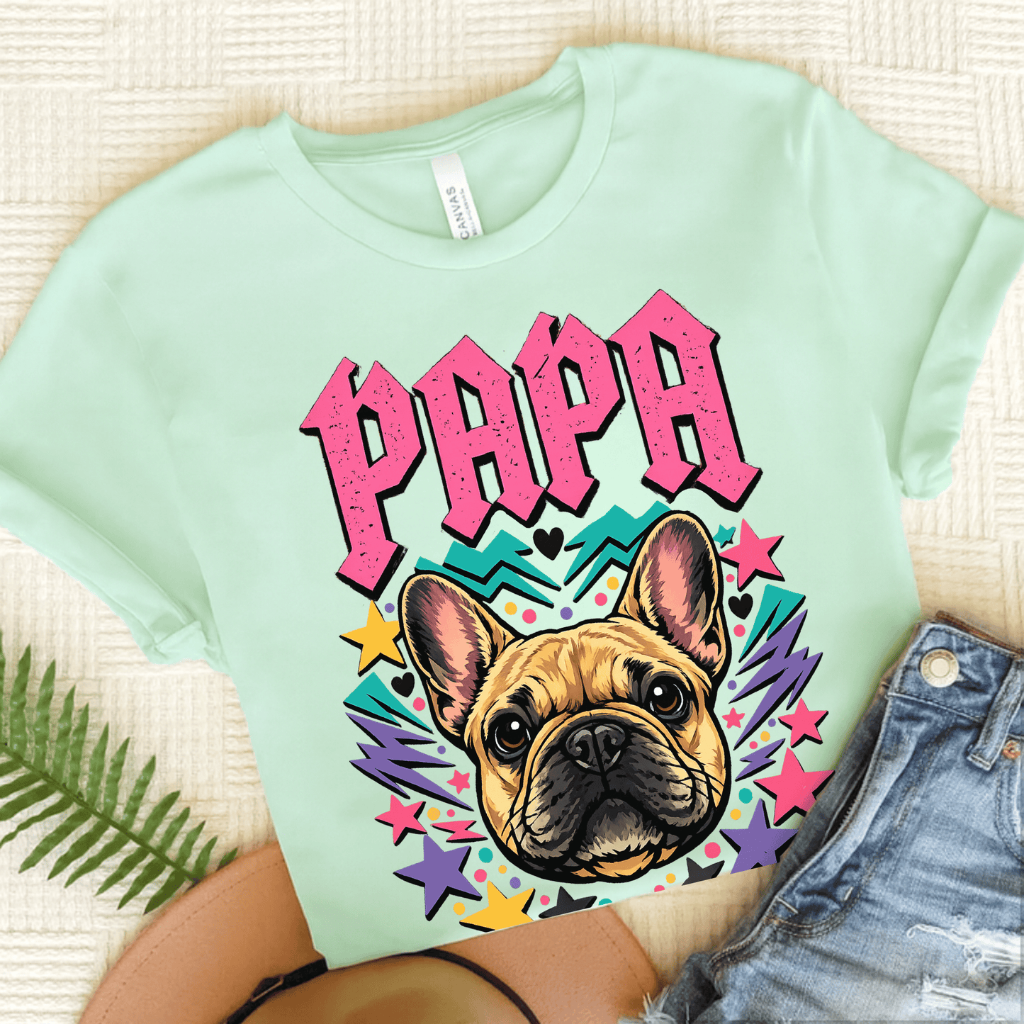 French Bulldog Rocker Papa Unisex TShirt Heather Mint