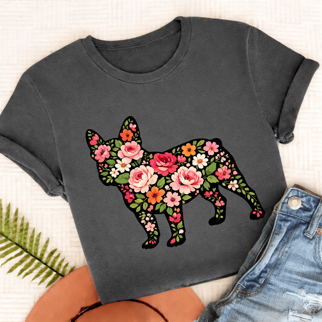 French Bulldog Roses Floral Silhouette Unisex TShirt Comfort Colors Pepper
