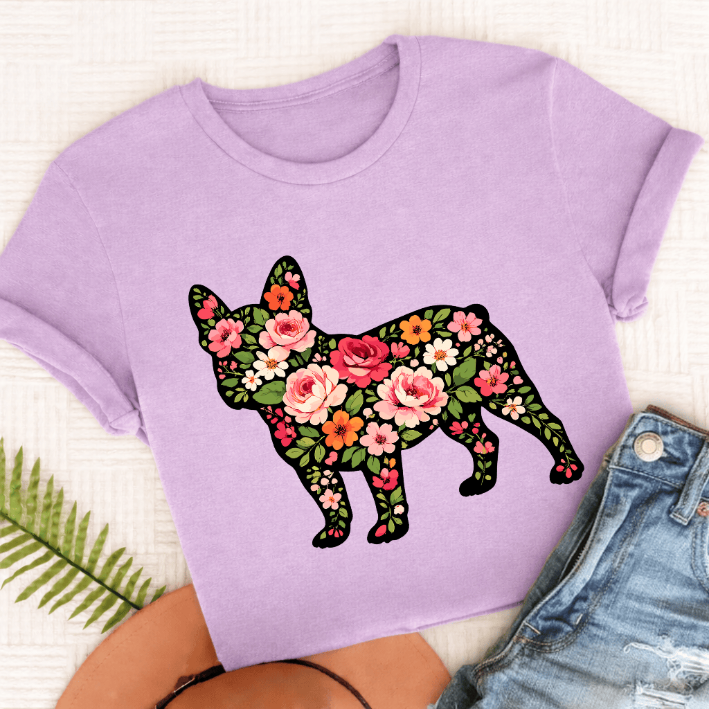 French Bulldog Roses Floral Silhouette Unisex TShirt Comfort Colors Orchid