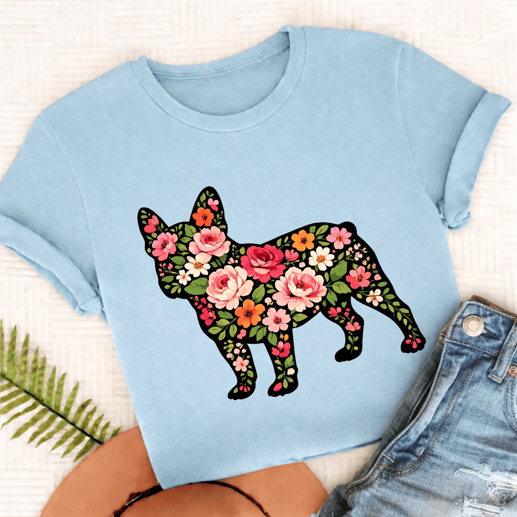 French Bulldog Roses Floral Silhouette Unisex TShirt Comfort Colors Chambray
