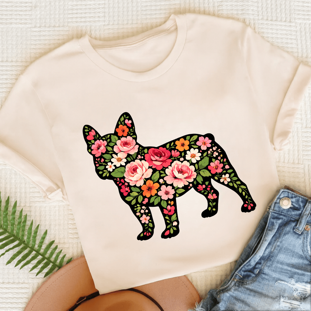 French Bulldog Roses Floral Silhouette Unisex TShirt Natural