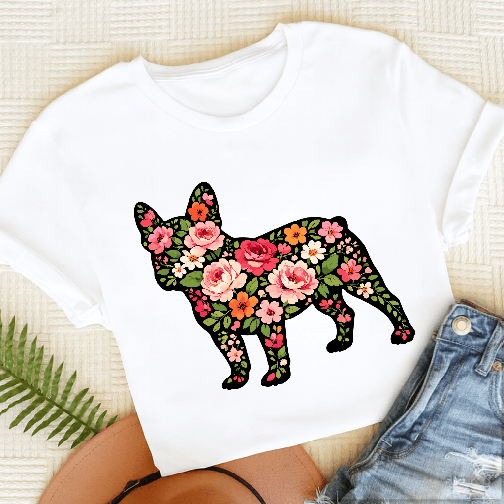French Bulldog Roses Floral Silhouette Unisex TShirt White