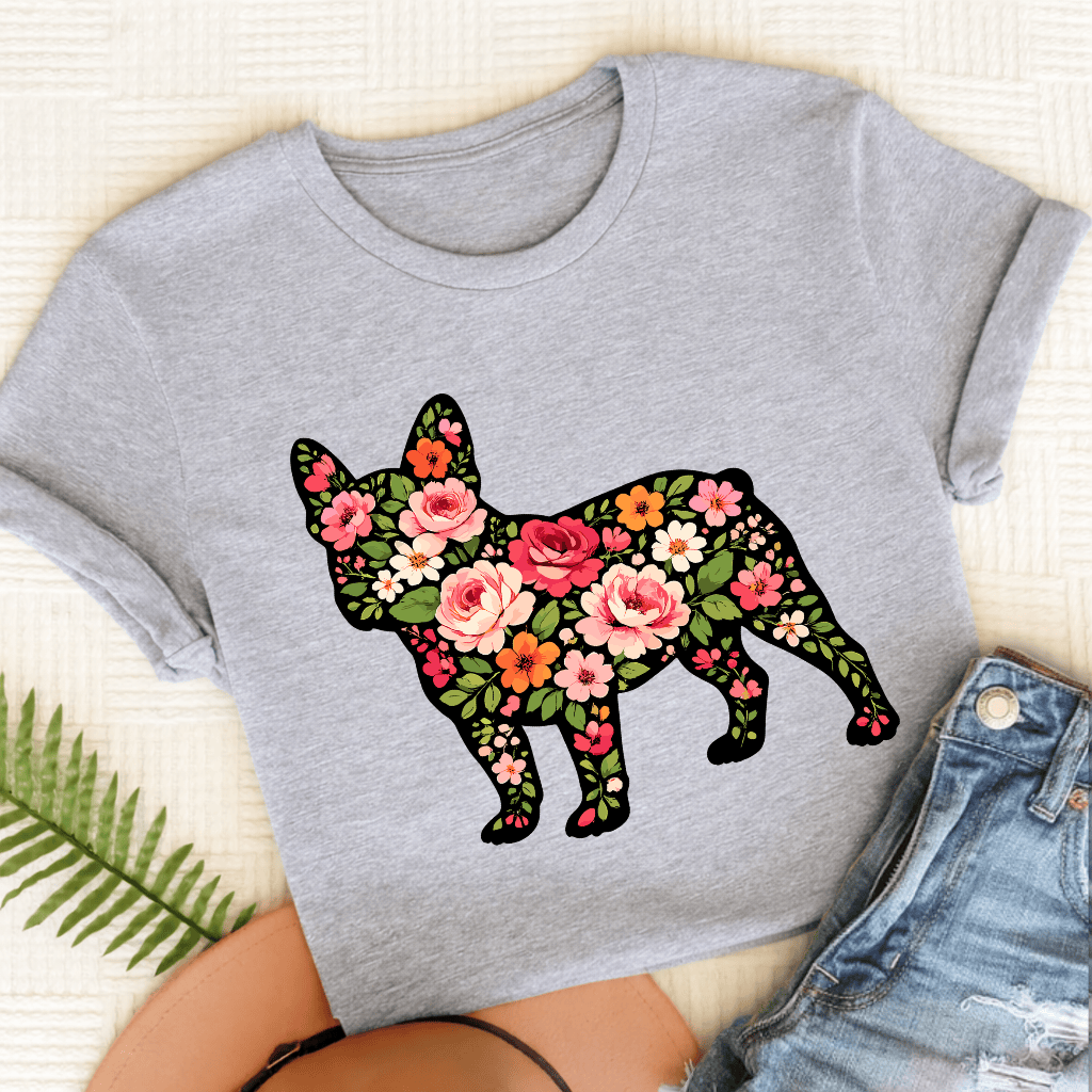 French Bulldog Roses Floral Silhouette Unisex TShirt Sport Grey