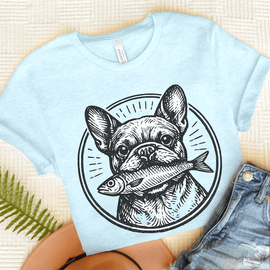 French Bulldog Sardines Unisex TShirt Heather Ice Blue