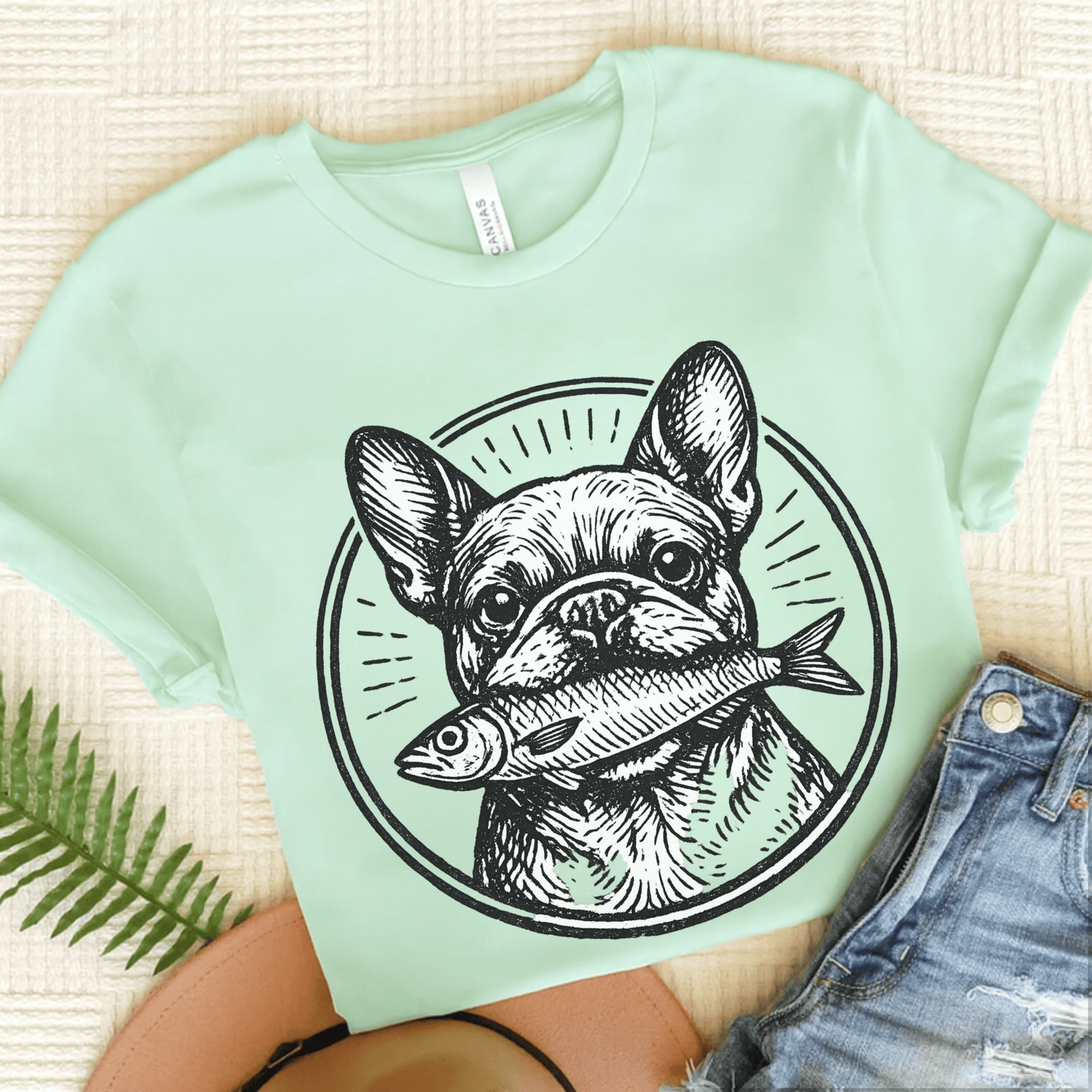 French Bulldog Sardines Unisex TShirt Heather Mint