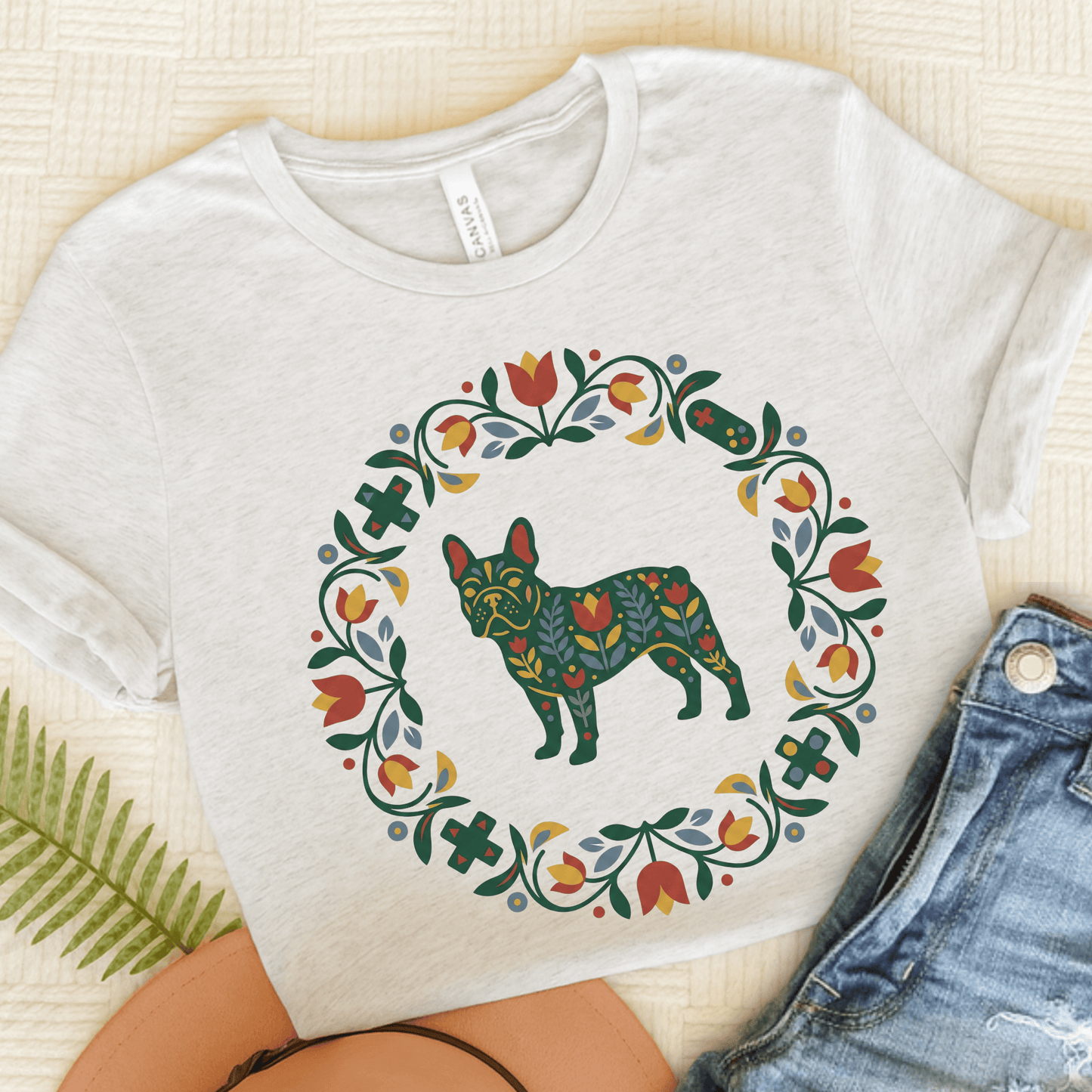 French Bulldog Scandinavian Wreath Unisex TShirt Ash
