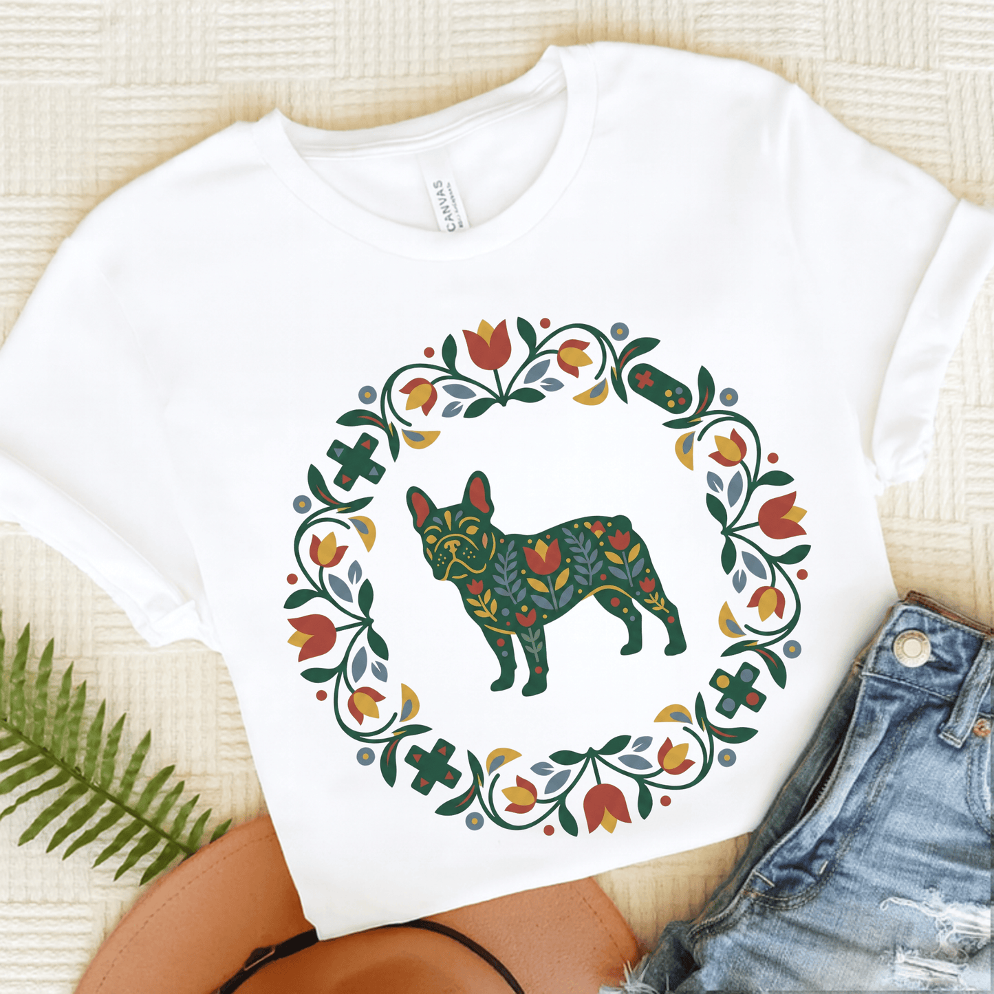 French Bulldog Scandinavian Wreath Unisex TShirt White