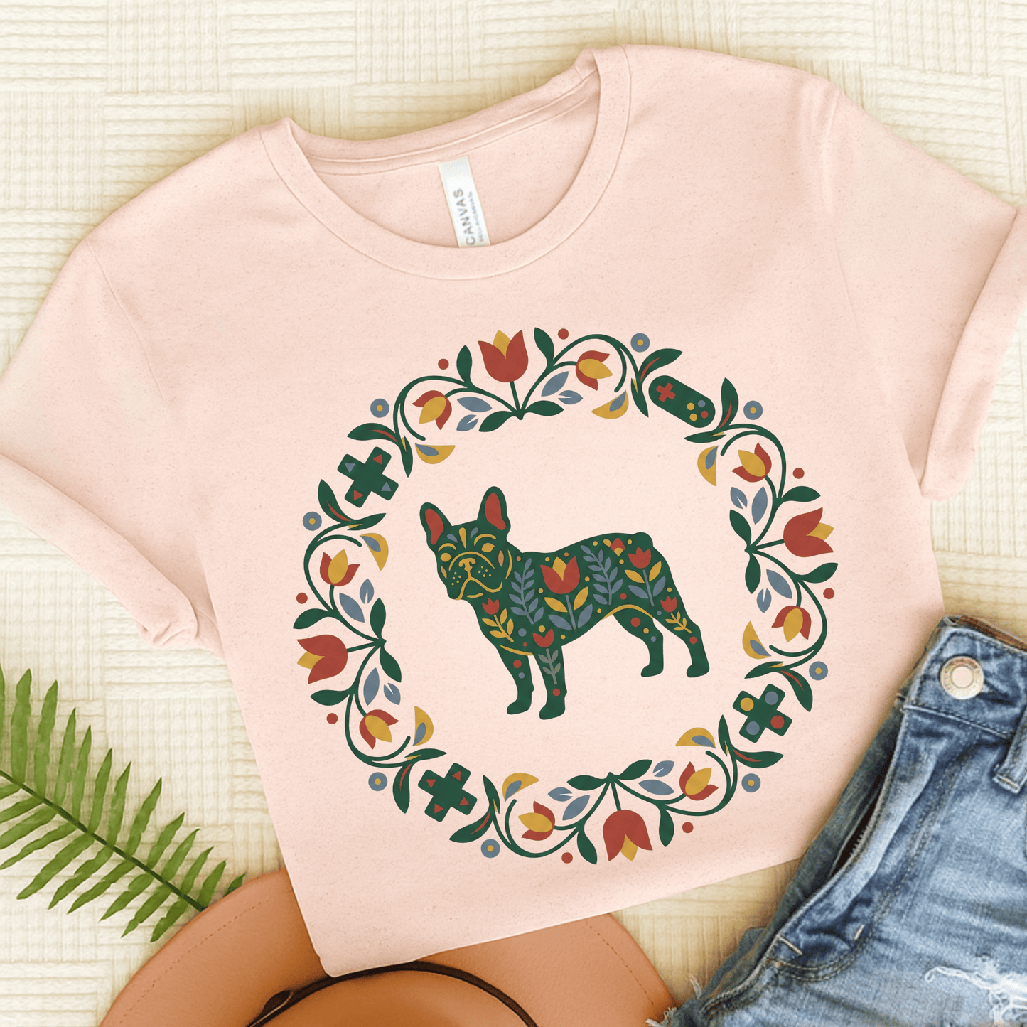 French Bulldog Scandinavian Wreath Unisex TShirt Soft Pink
