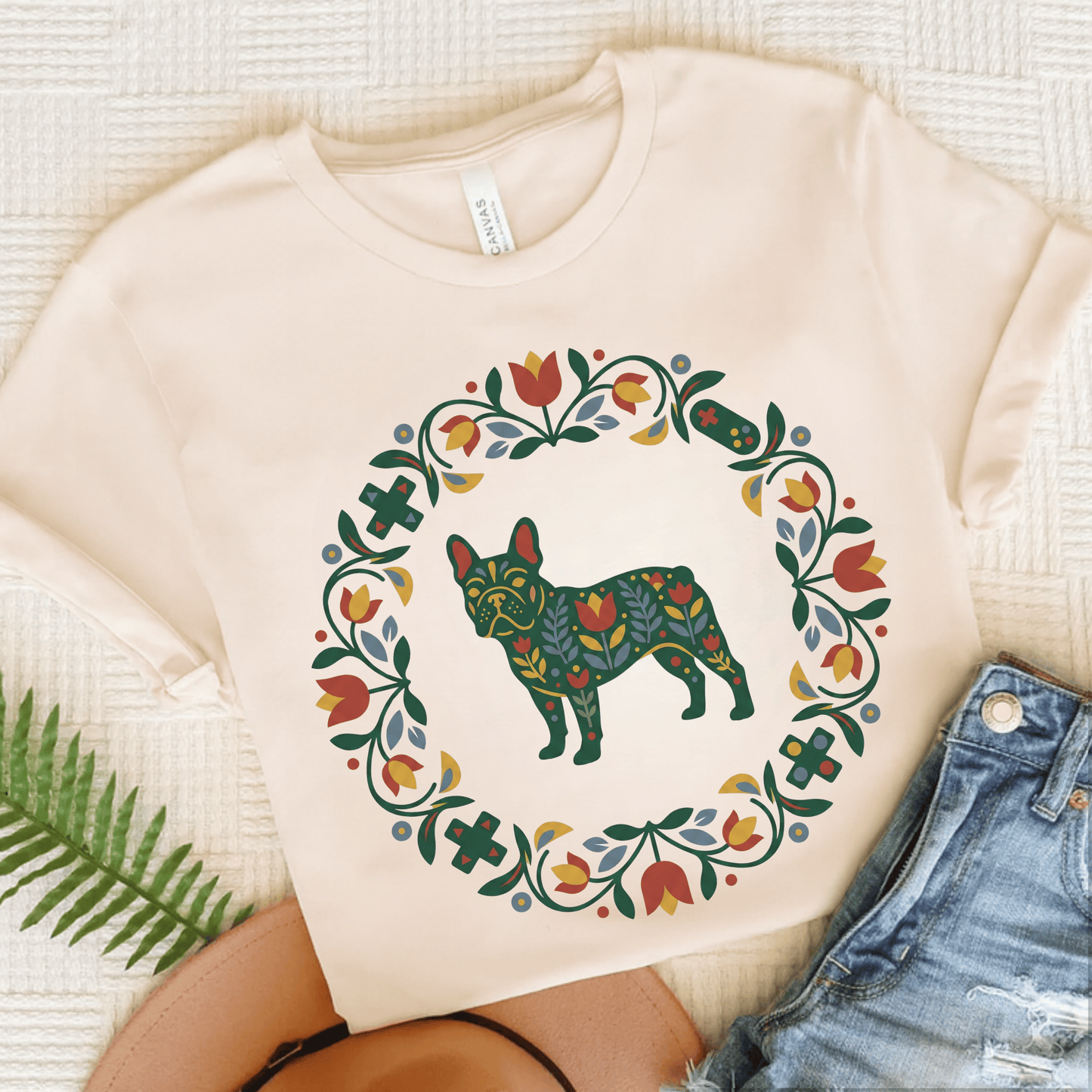 French Bulldog Scandinavian Wreath Unisex TShirt Natural
