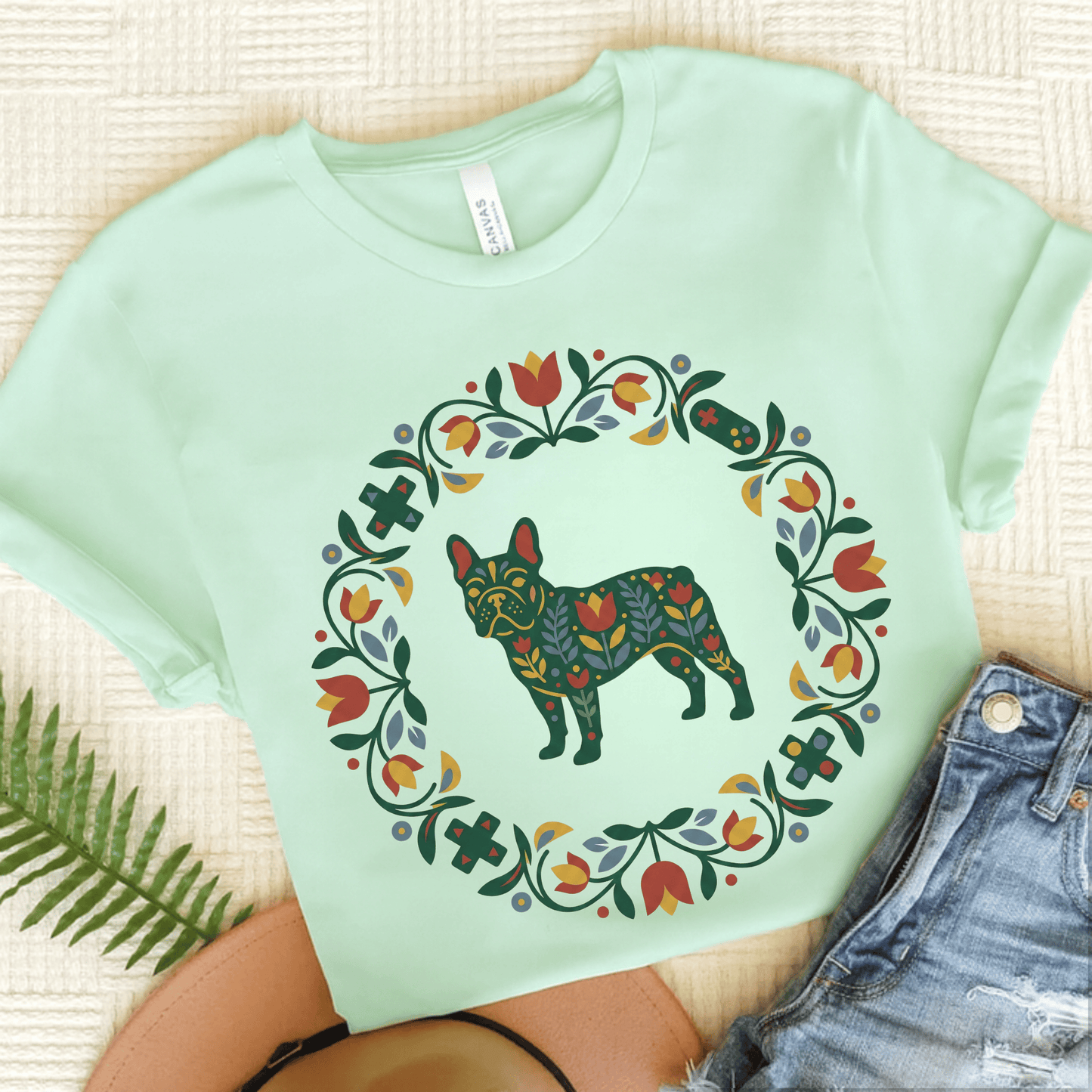 French Bulldog Scandinavian Wreath Unisex TShirt Heather Mint