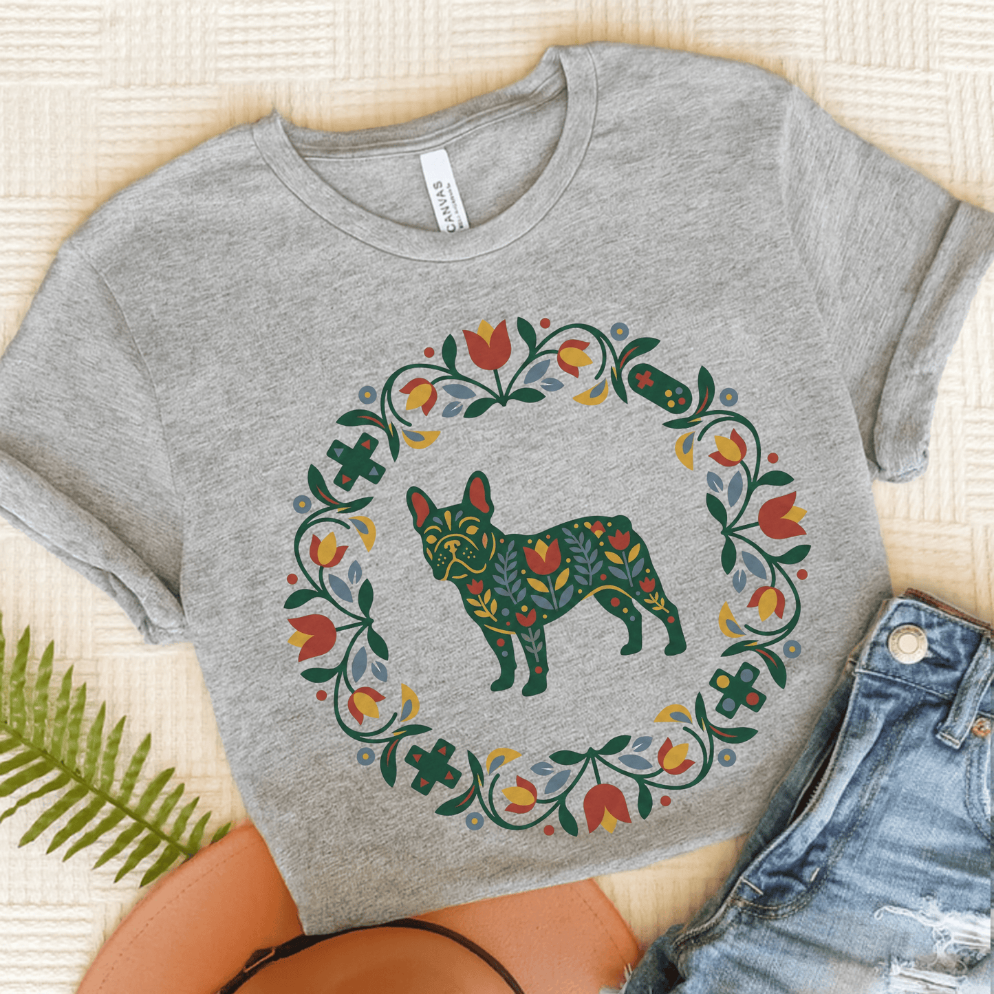 French Bulldog Scandinavian Wreath Unisex TShirt Athletic Heather