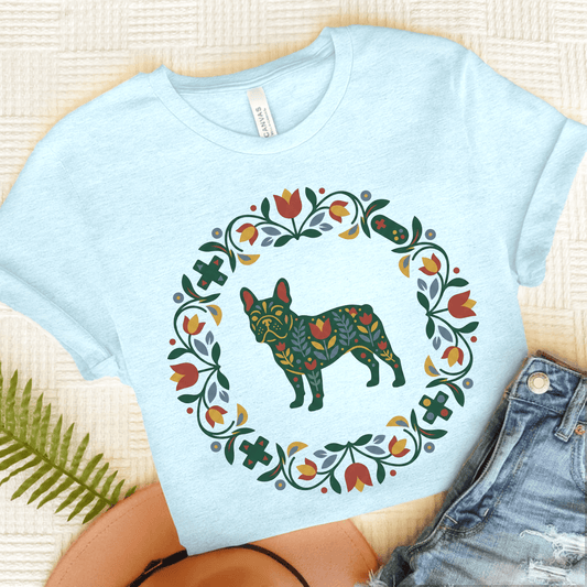 French Bulldog Scandinavian Wreath Unisex TShirt Heather Ice Blue