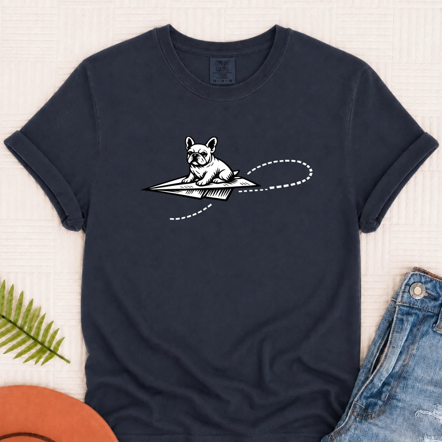 French Bulldog School Paper Airplane Unisex TShirt Navy
