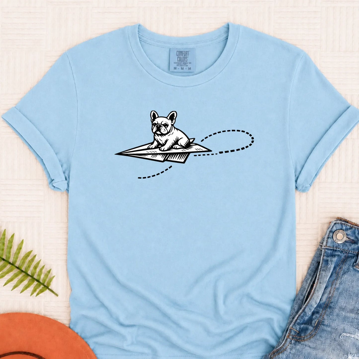 French Bulldog School Paper Airplane Unisex TShirt Chambray