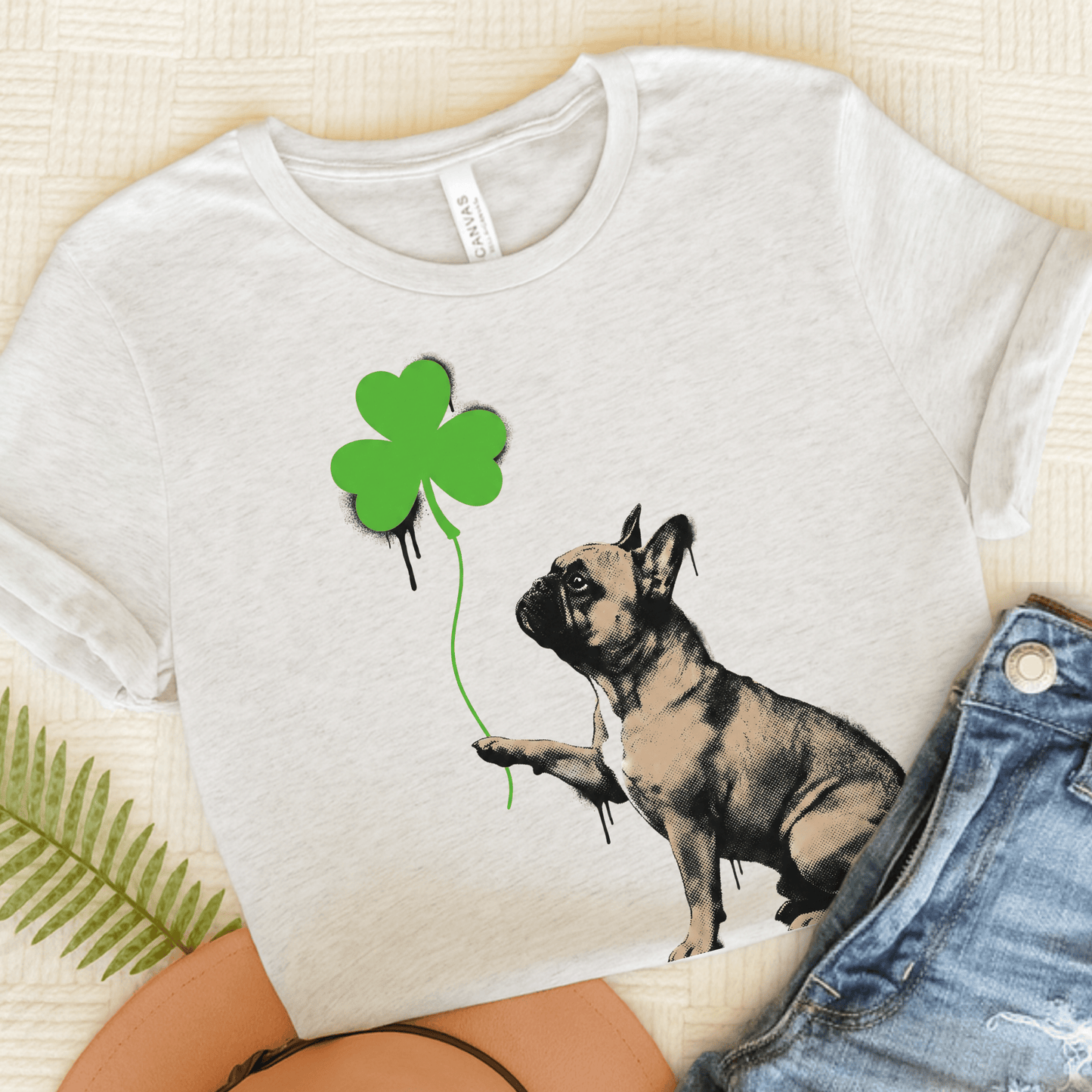 Fawn French Bulldog Shamrock Graffiti Unisex TShirt Ash