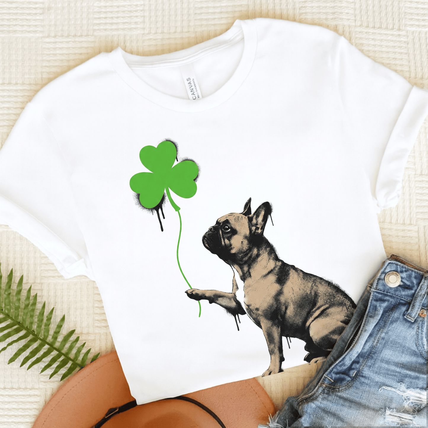 Fawn French Bulldog Shamrock Graffiti Unisex TShirt White