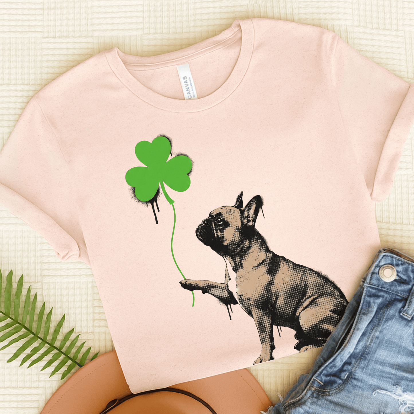 Fawn French Bulldog Shamrock Graffiti Unisex TShirt Soft Pink