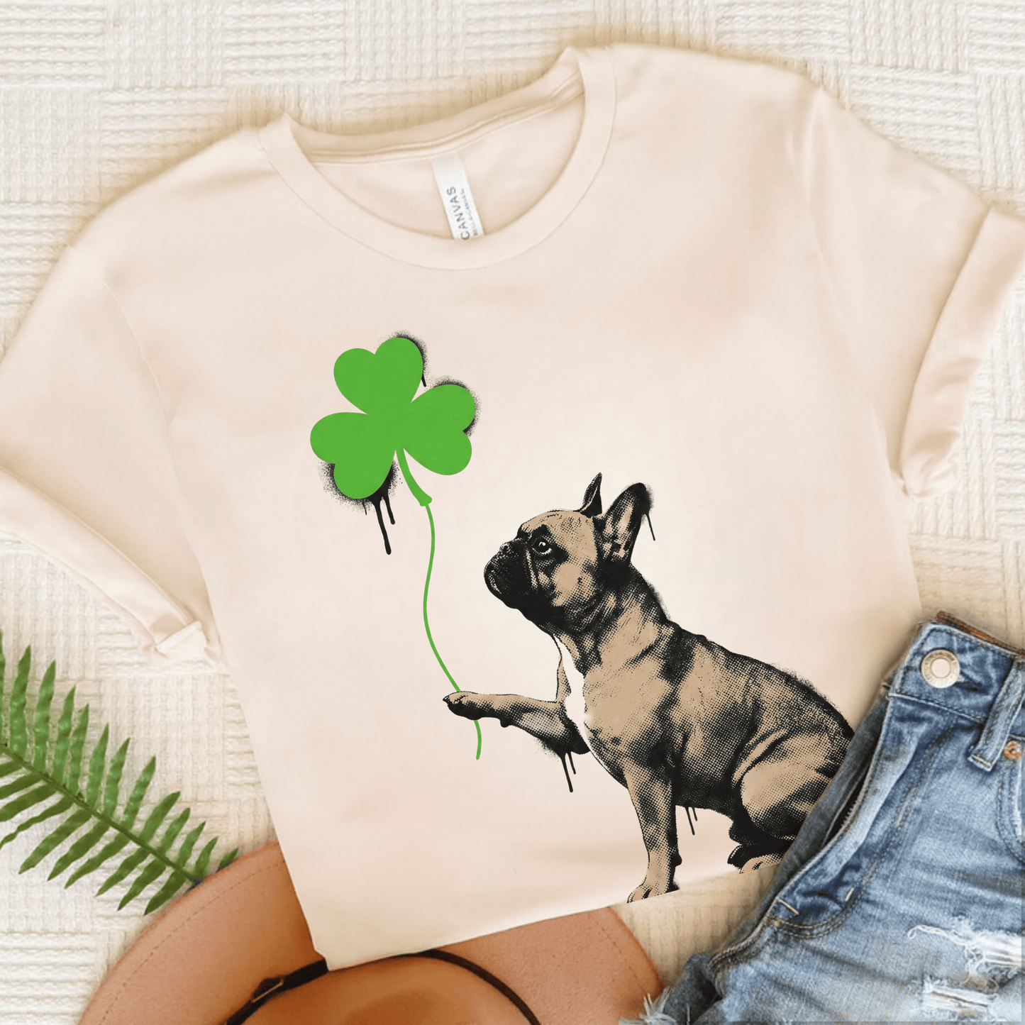 Fawn French Bulldog Shamrock Graffiti Unisex TShirt Natural