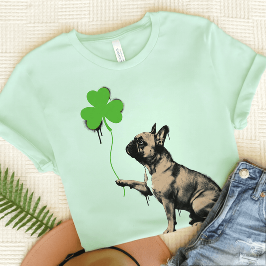 Fawn French Bulldog Shamrock Graffiti Unisex TShirt Heather Mint