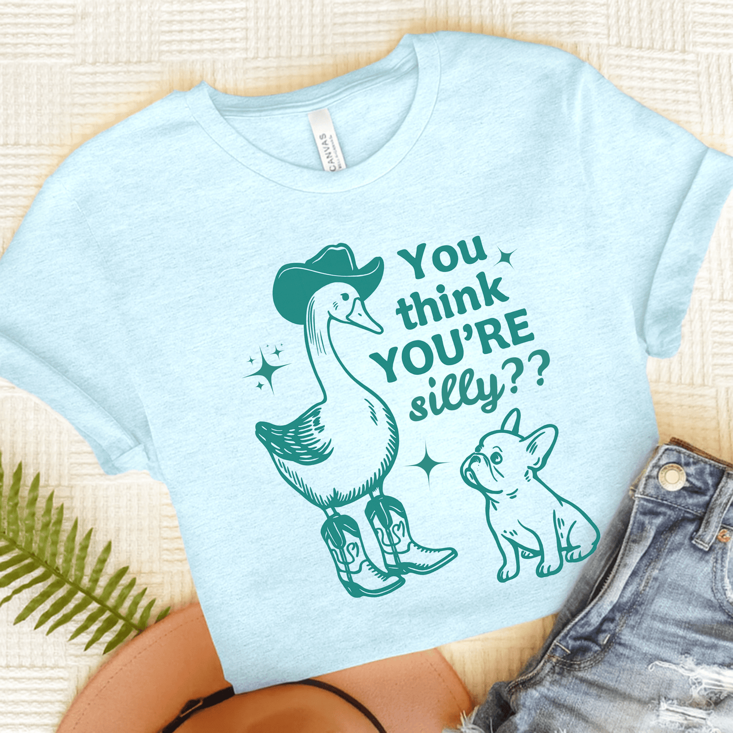 French Bulldog Silly Goose Tshirt Heather Ice Blue