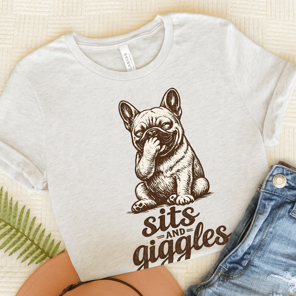 French Bulldog Sits and Giggles Unisex TShirt Ash