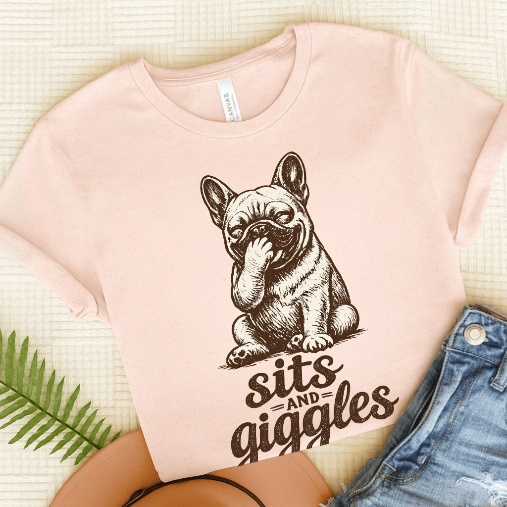 French Bulldog Sits and Giggles Unisex TShirt Soft Pink