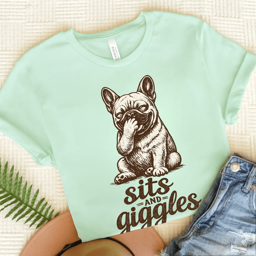 French Bulldog Sits and Giggles Unisex TShirt Heather Mint