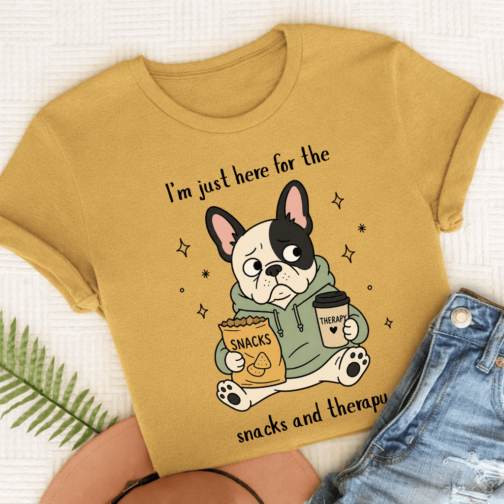 French Bulldog Snacks and Therapy Unisex TShirt Comfort Colors Mustard