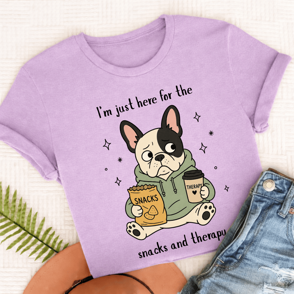 French Bulldog Snacks and Therapy Unisex TShirt Comfort Colors Orchid
