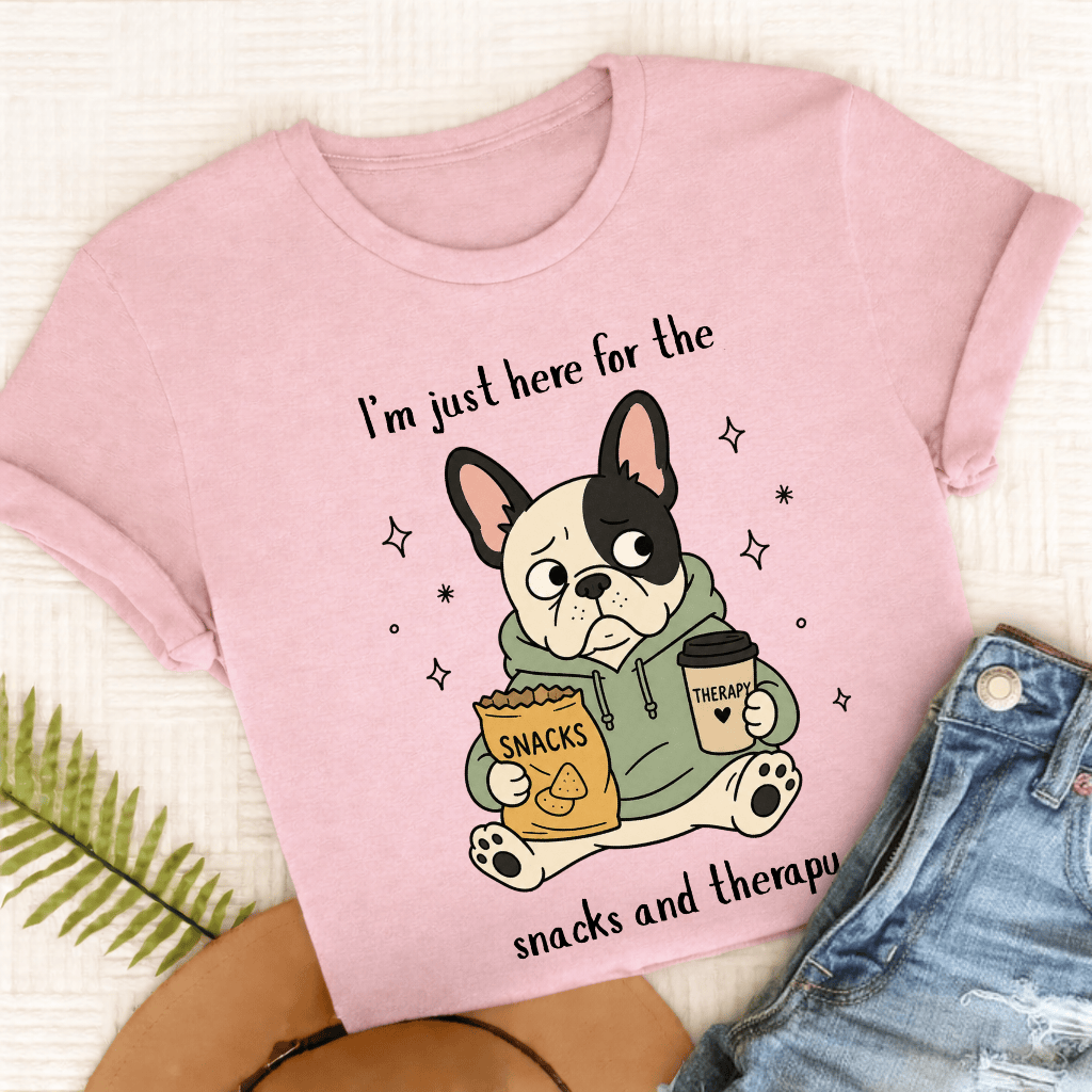 French Bulldog Snacks and Therapy Unisex TShirt Comfort Colors Blossom