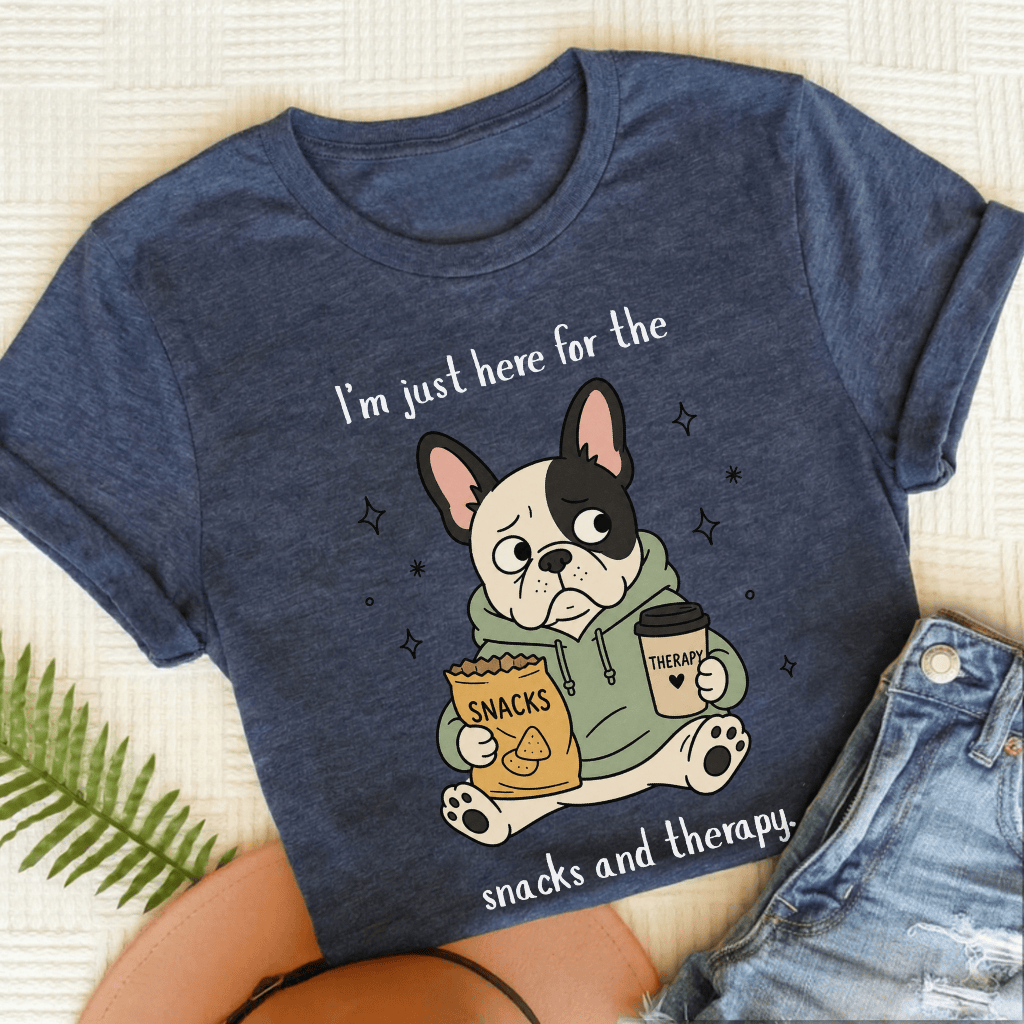 French Bulldog Snacks and Therapy Unisex TShirt Heather Navy
