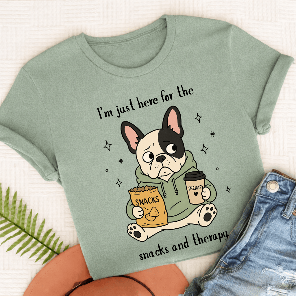 French Bulldog Snacks and Therapy Unisex TShirt Comfort Colors Bay