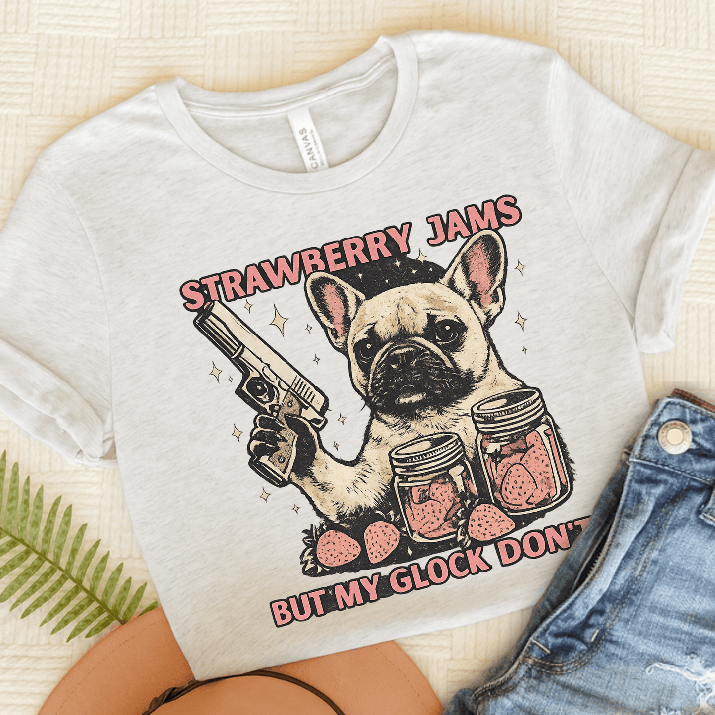 French Bulldog Strawberry Jams Unisex TShirt Ash
