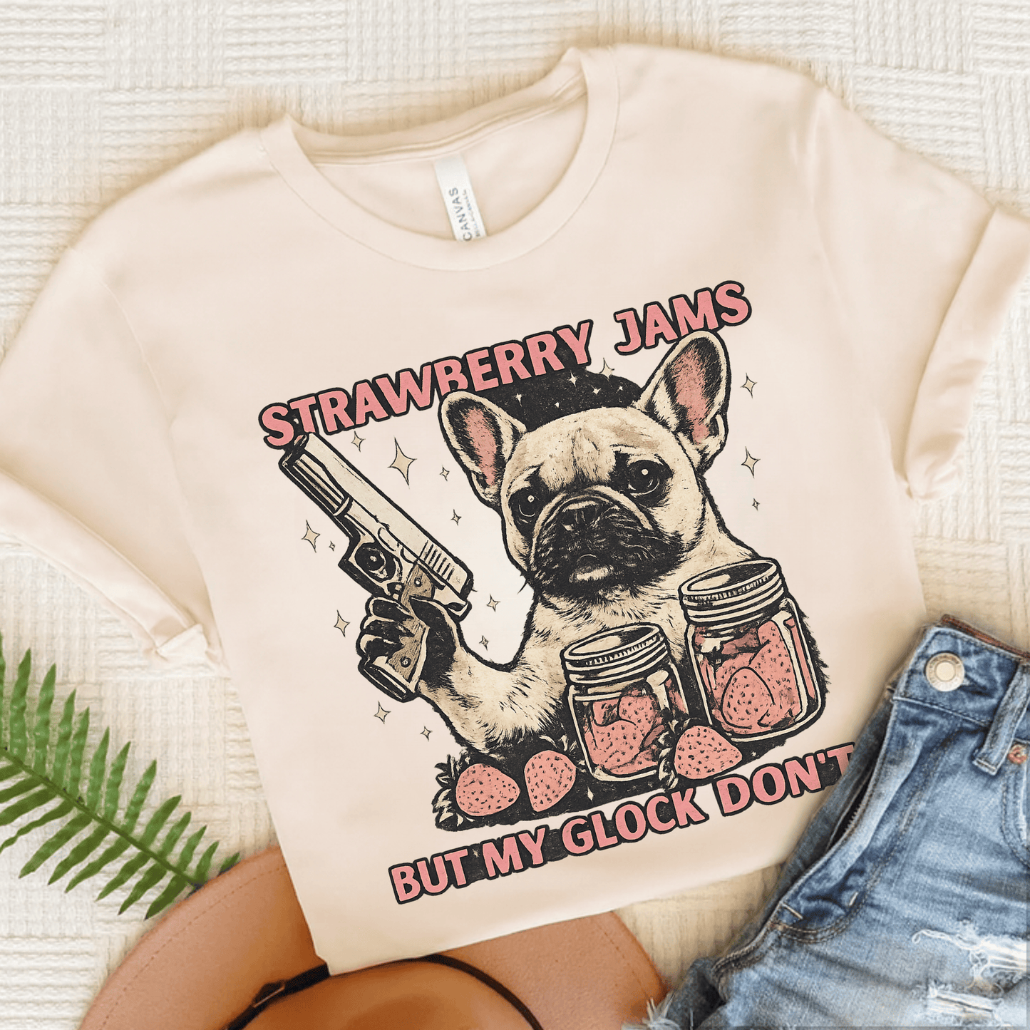 French Bulldog Strawberry Jams Unisex TShirt Natural