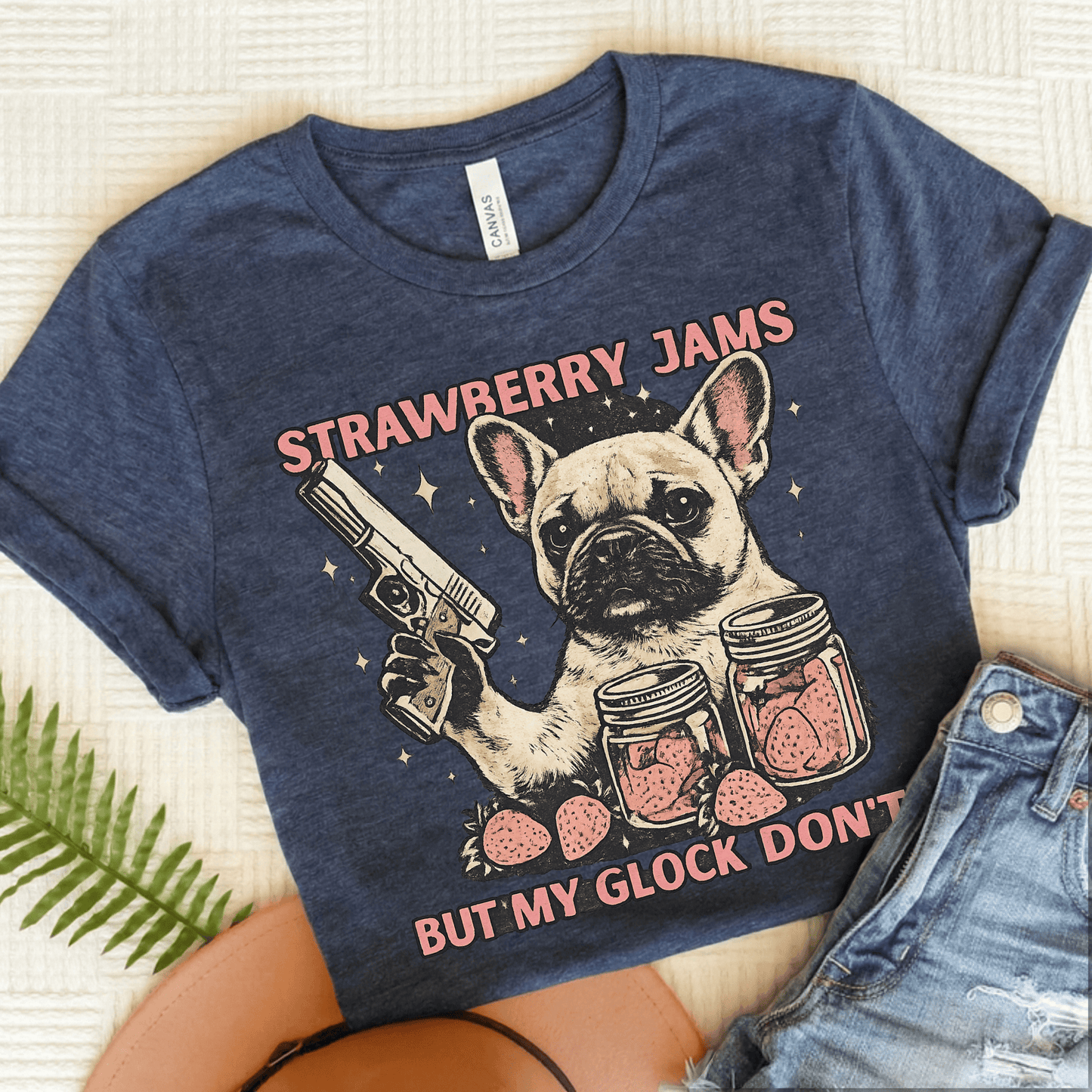 French Bulldog Strawberry Jams Unisex TShirt Heather Navy
