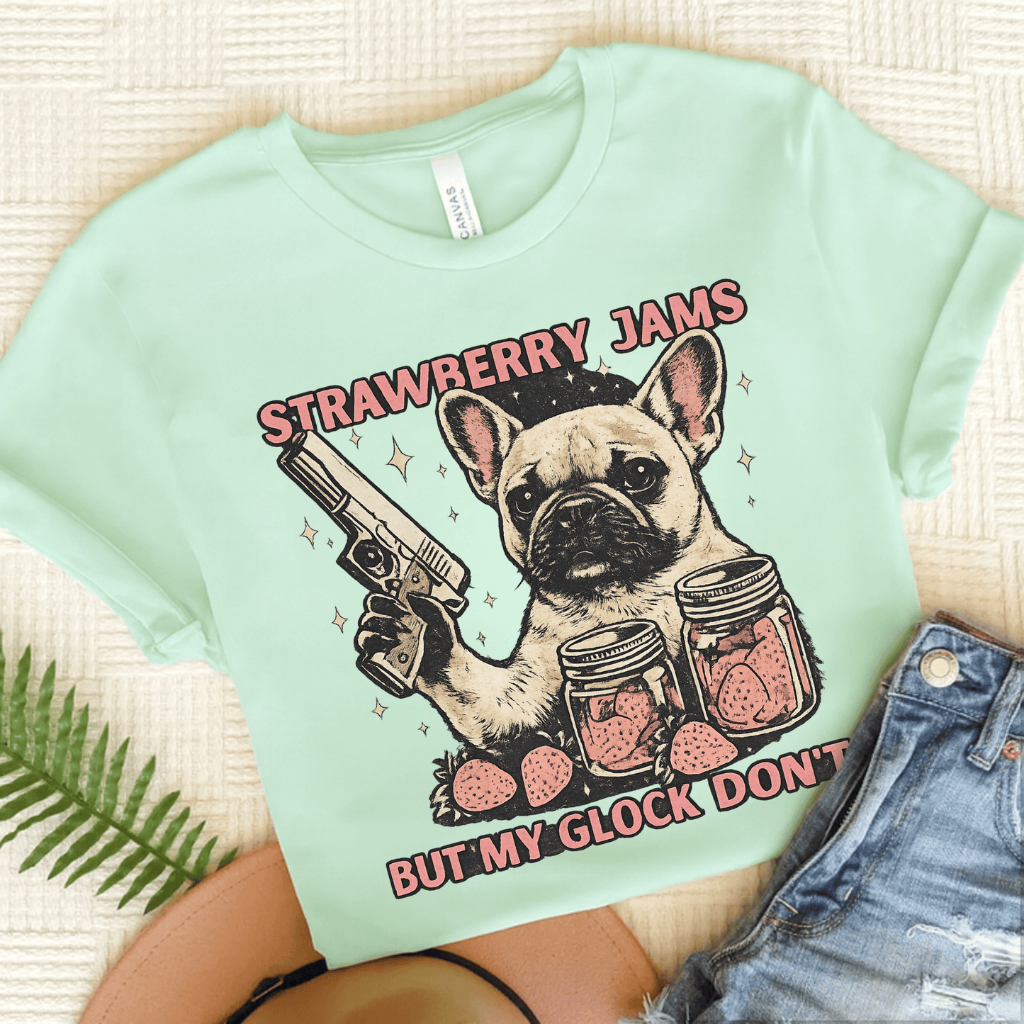 French Bulldog Strawberry Jams Unisex TShirt Heather Mint
