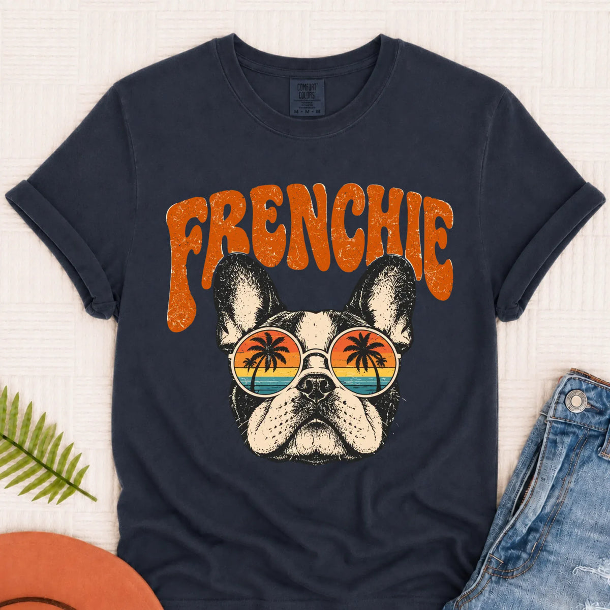 French Bulldog Summer Hippie Unisex Tshirt Navy
