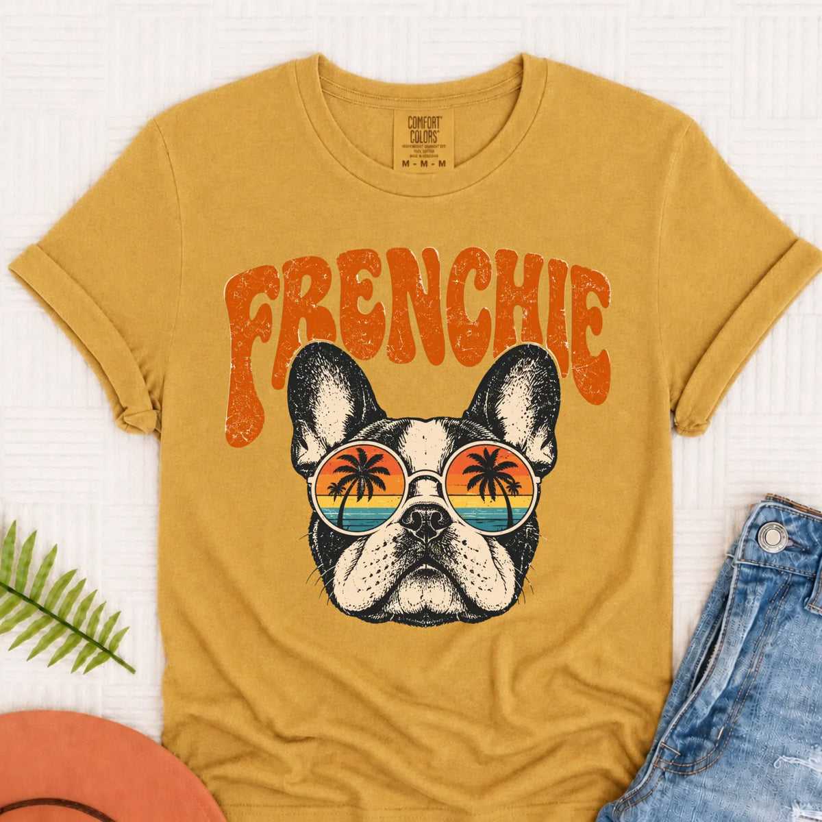 French Bulldog Summer Hippie Unisex Tshirt Mustard