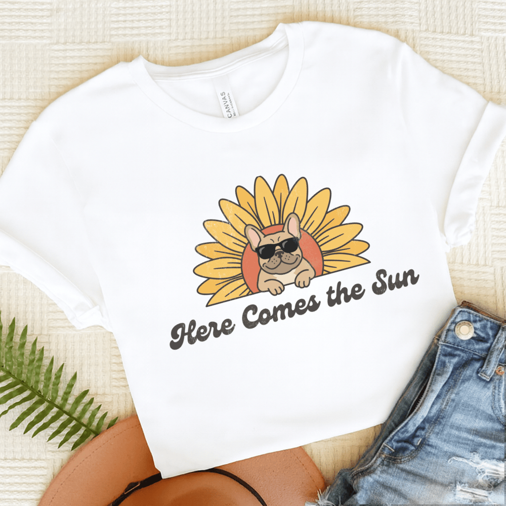 French Bulldog Sunflower Here Comes the Sun Unisex TShirt White