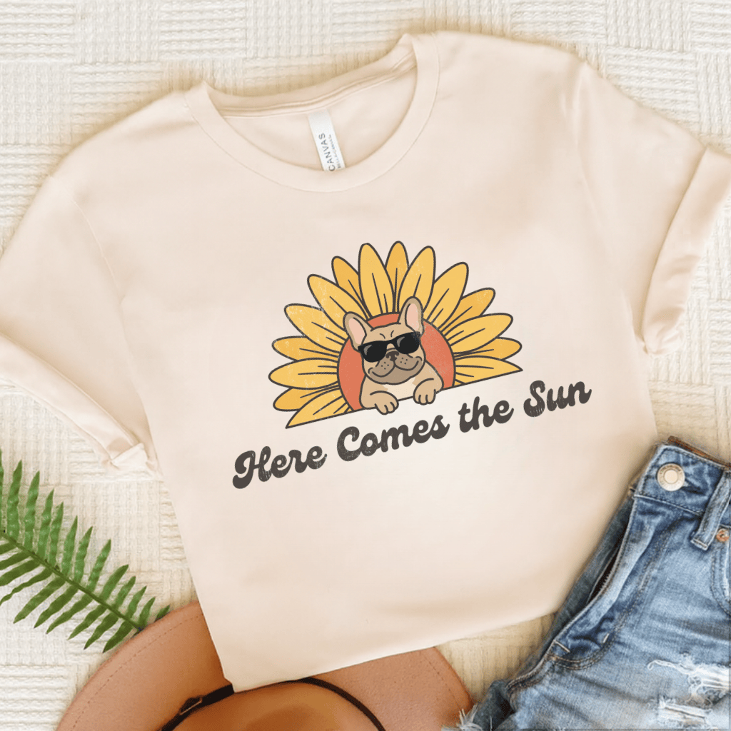 French Bulldog Sunflower Here Comes the Sun Unisex TShirt Natural