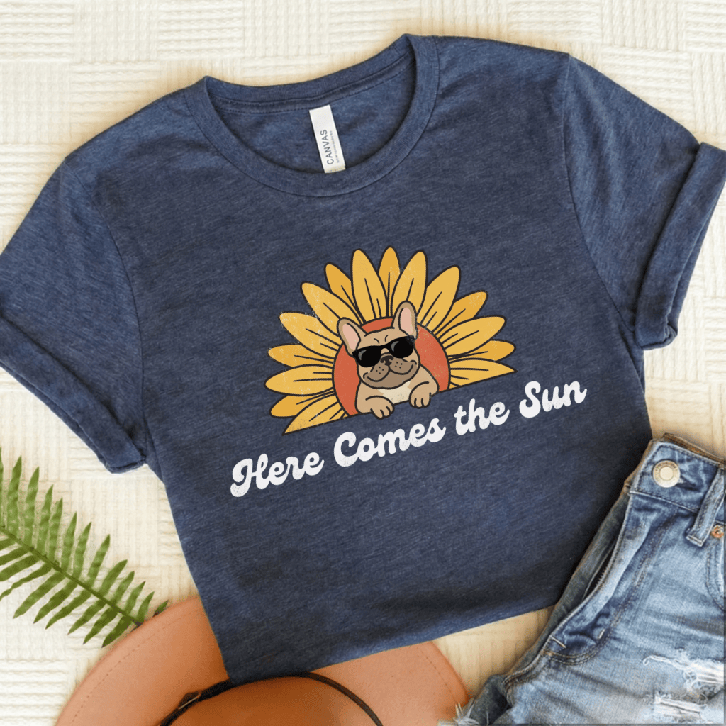 French Bulldog Sunflower Here Comes the Sun Unisex TShirt Heather Navy