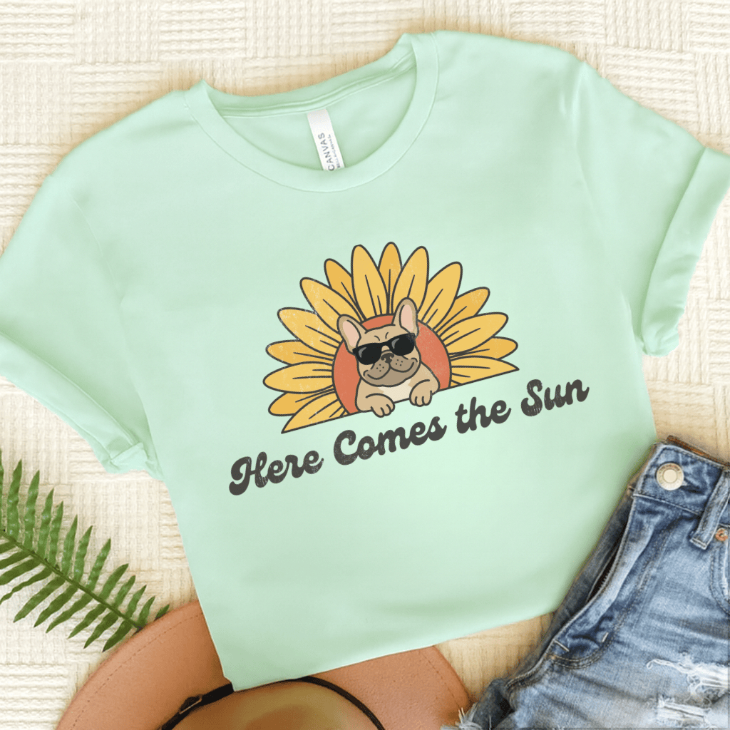 French Bulldog Sunflower Here Comes the Sun Unisex TShirt Heather Mint