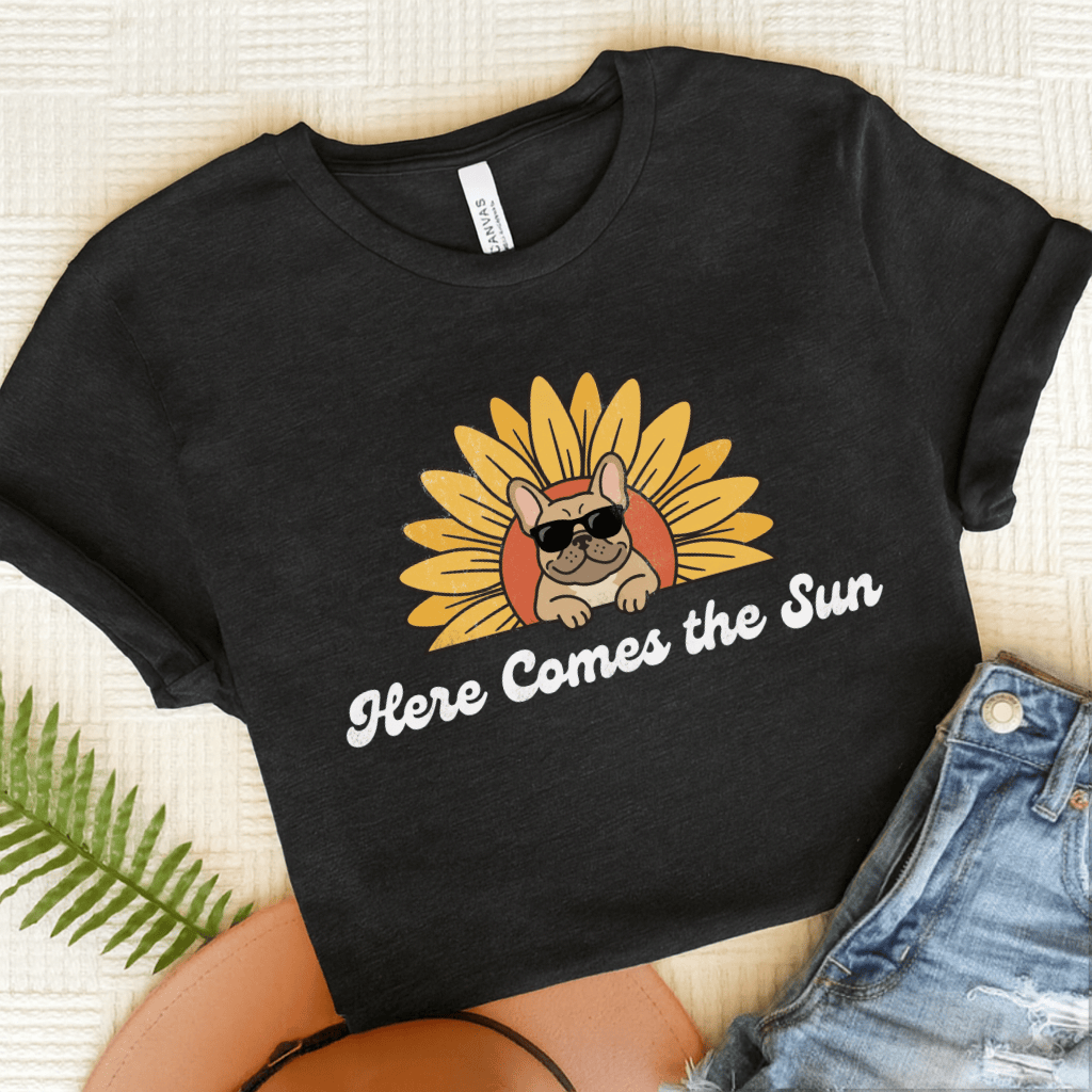 French Bulldog Sunflower Here Comes the Sun Unisex TShirt Dark Grey Heather