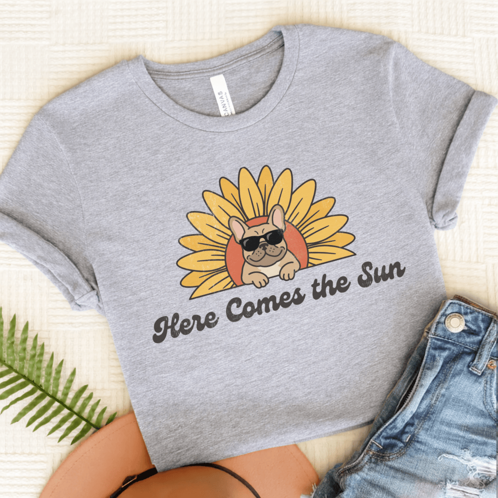 French Bulldog Sunflower Here Comes the Sun Unisex TShirt Athletic Heather