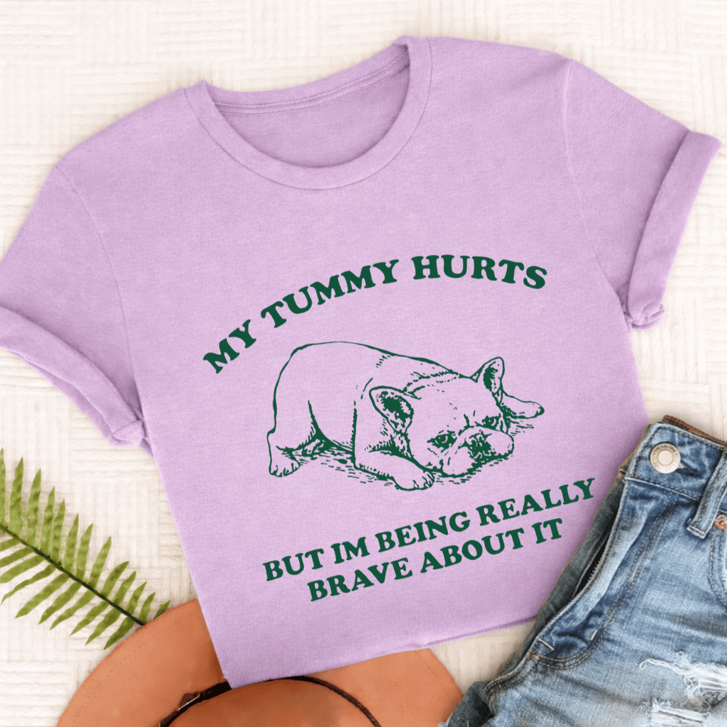 French Bulldog Tummy Hurts Funny Unisex TShirt Comfort Colors Orchid
