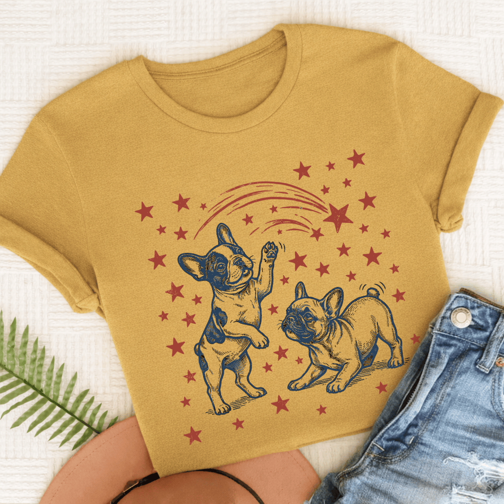 French Bulldog USA Stars Unisex TShirt Comfort Colors Mustard